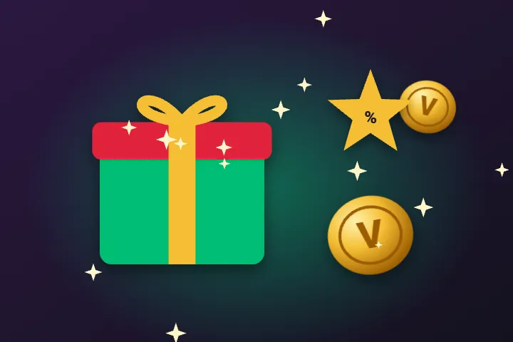 Promocje VinciSpin casino Promocje w VinciSpin casino – zielony prezent z czerwoną wstążką, gwiazdka z procentem i monety V